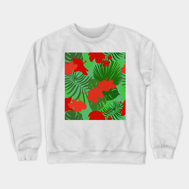 Hand drawn hibiscus, tropical leaves red and green pattern Crewneck Sweatshirt by GULSENGUNEL